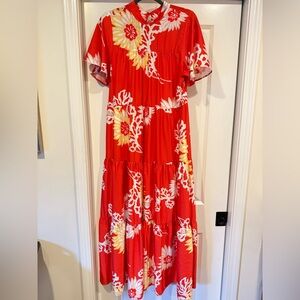 Anthropologie Red Floral Tiered Maxi Dress with Yellow Accents